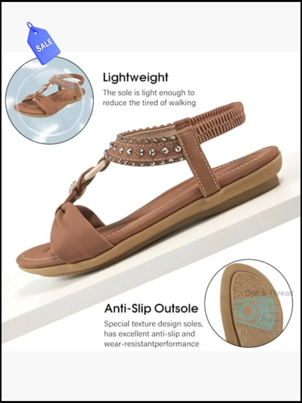 Bohemian Beaded Flat Sandals Elastic Ankle Strap Casual Slip On Comfortable
